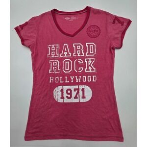 HARD ROCK CAFE HOLLYWOOD HOT PINK V NECK TSHIRT JUNIORS XL VTG